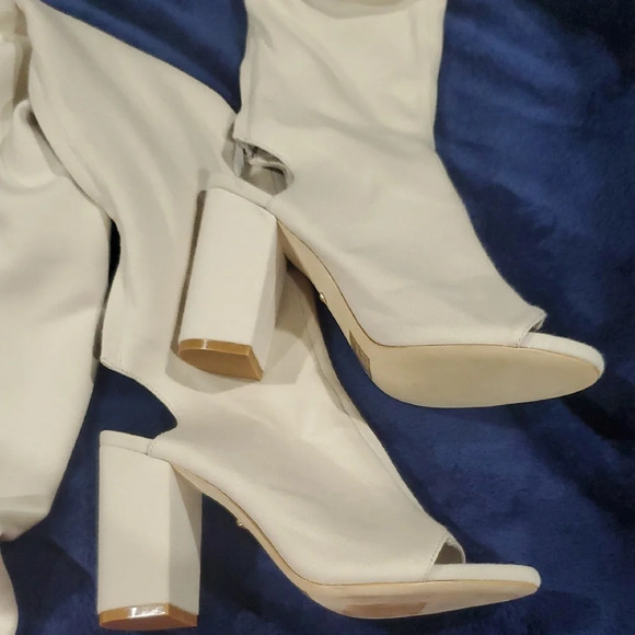 RAYE Cream Thigh High Over-the-Knee Peep Toe Open Heel Back Zip Boots - Picture 5 of 12
